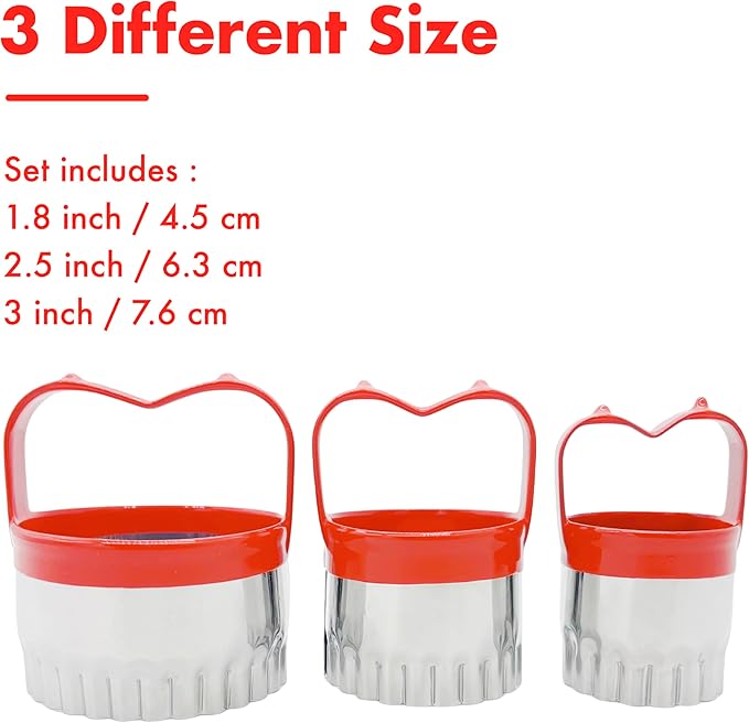 3Pcs Biscuit Cutter Set, Fluted Round Cookie Cutters With Handle, Unique Design Baking Tool with Protective Red Top Rubber