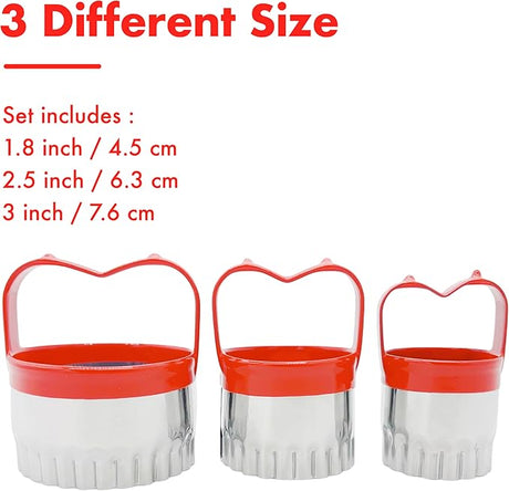 3Pcs Biscuit Cutter Set, Fluted Round Cookie Cutters With Handle, Unique Design Baking Tool with Protective Red Top Rubber