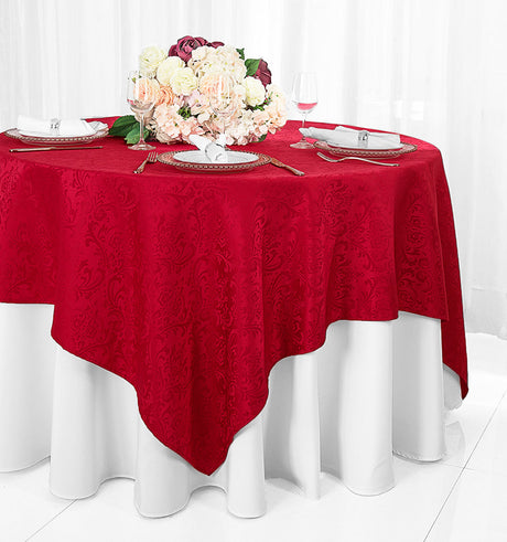 Square Damask Jacquard Table Overlay 72x72 Apple Red