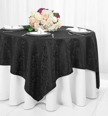 Square Damask Jacquard Polyester Table Overlay 72x72 Black