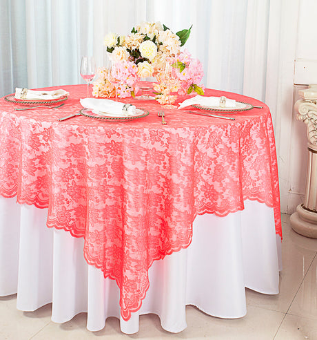 Square Lace Table Overlay 72x72 Coral