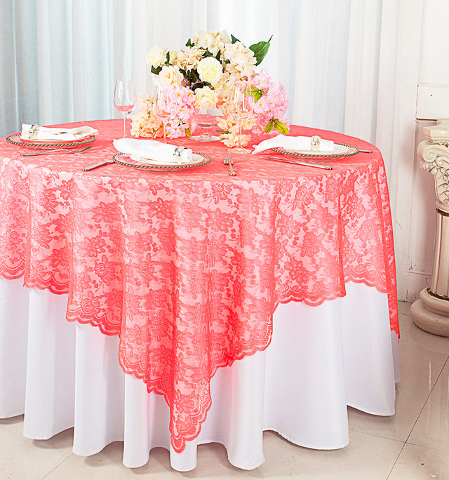 Square Lace Table Overlay 72x72 Coral