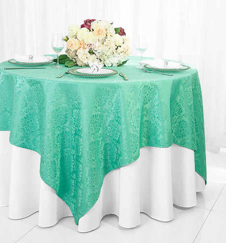 Square Table Overlay Marquis Damask Jacquard Polyester 72x72 Tiff Blue/Aqua Blue