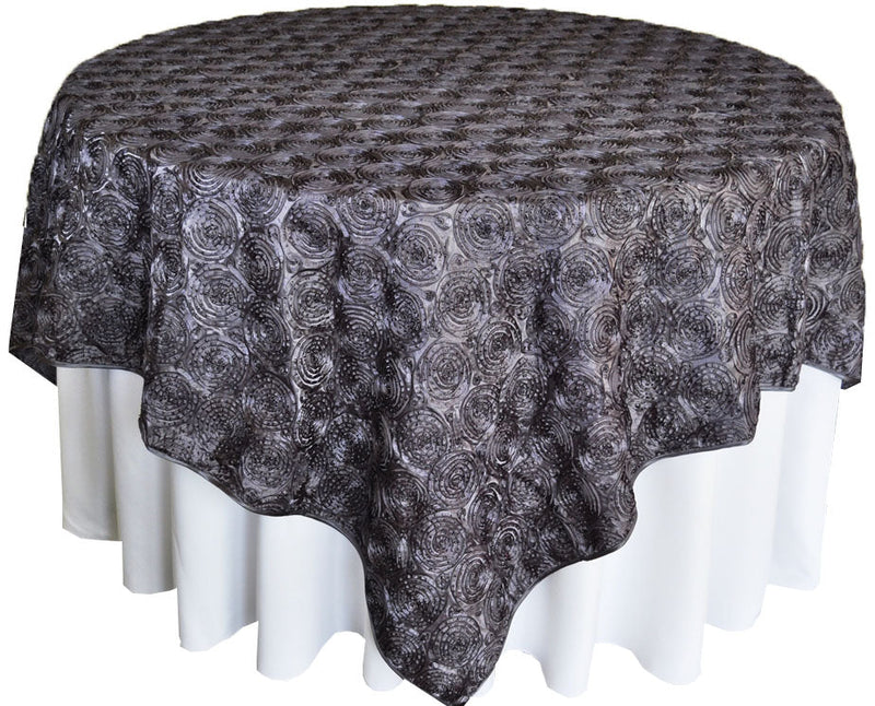 Square Satin Rosette Table Overlay 72x72 Pewter/Charcoal