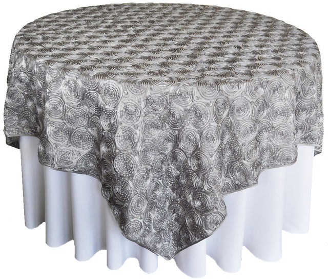 Square Satin Rosette Table Overlay 72x72 Silver