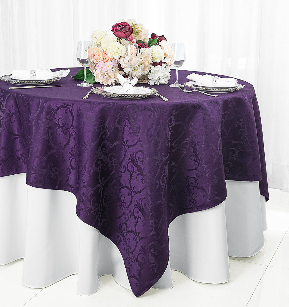 Square Table Overlay Versailles Chopin Damask Jacquard Polyester 72x72 Eggplant