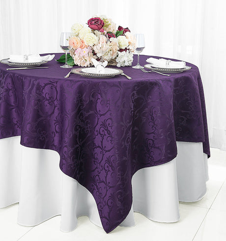 Square Table Overlay Versailles Chopin Damask Jacquard Polyester 72x72 Eggplant