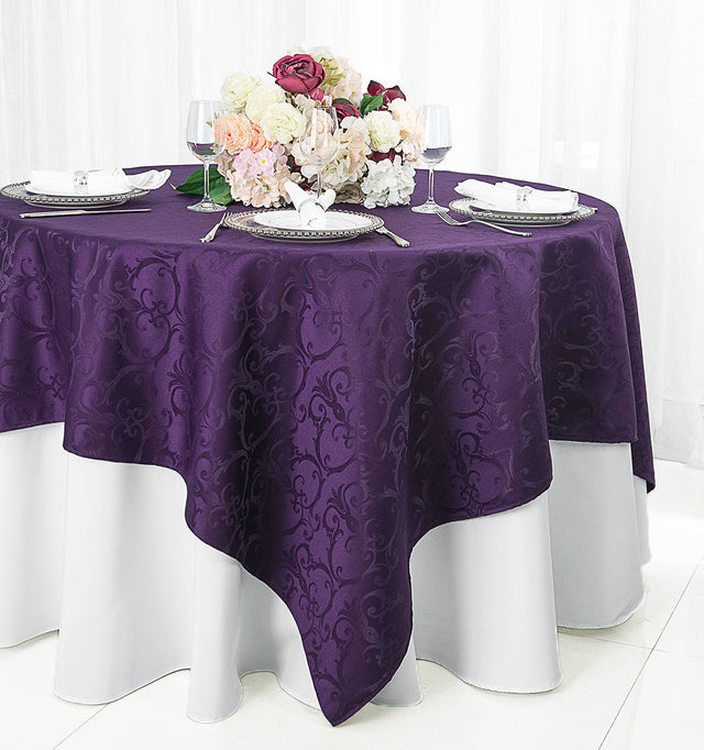 Square Table Overlay Versailles Chopin Damask Jacquard Polyester 72x72 Eggplant