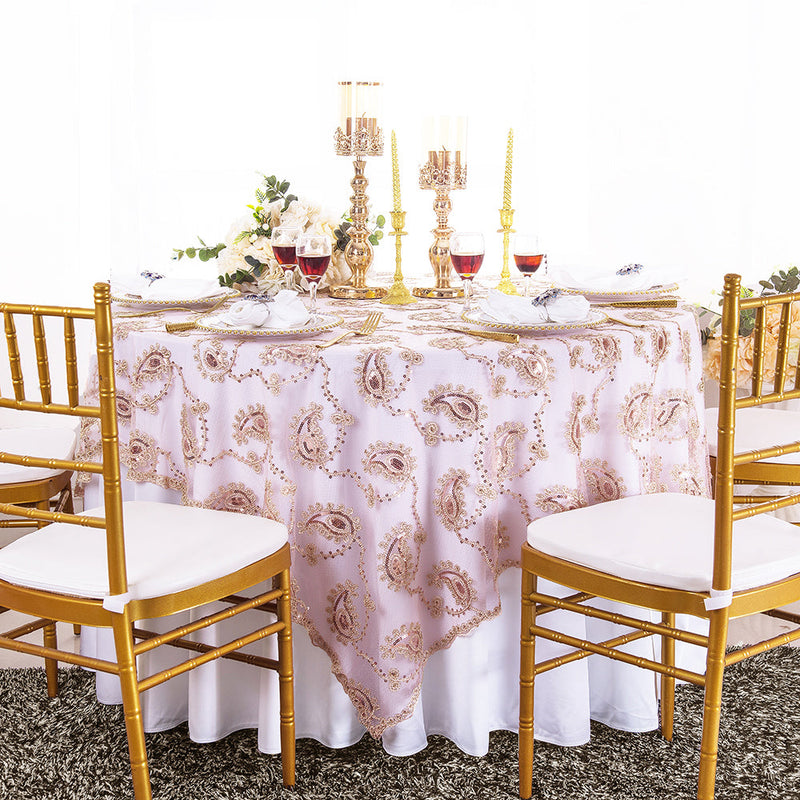 Sequin Lace Table Overlay Square 72x72 Blush Pink/Rose Gold
