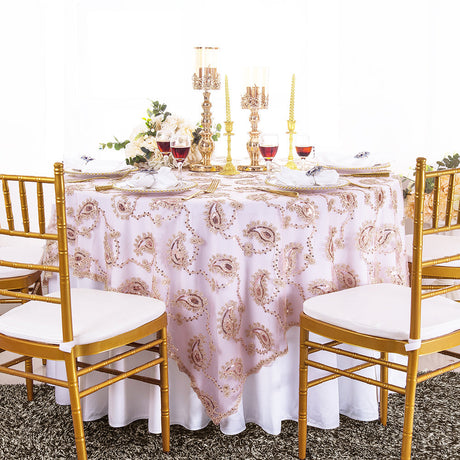Sequin Lace Table Overlay Square 72x72 Blush Pink/Rose Gold