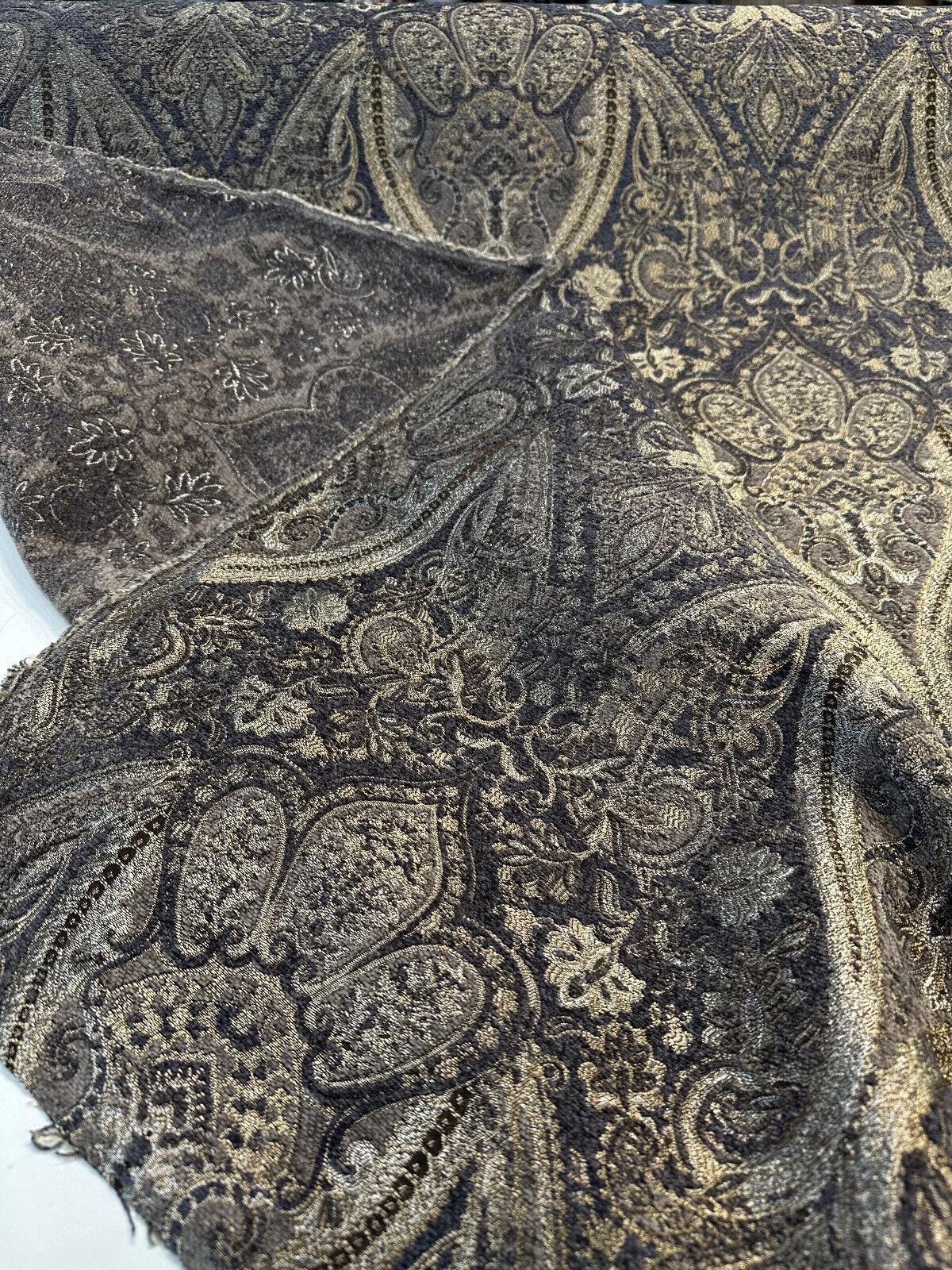 Iradessa Slate Chenille Fabric - Charcoal Background With Golden Ivory Damask, 58" Width (1 Yard)
