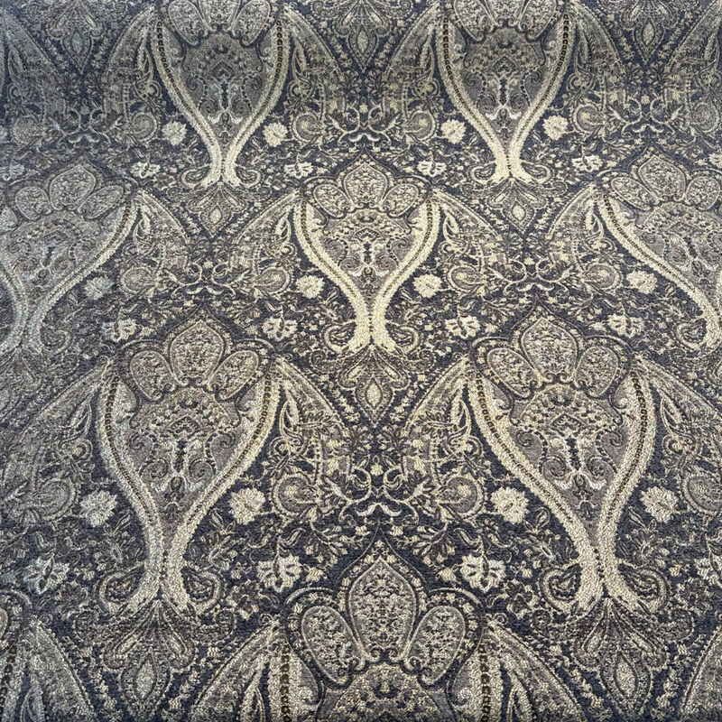 Iradessa Slate Chenille Fabric - Charcoal Background With Golden Ivory Damask, 58" Width (1 Yard)