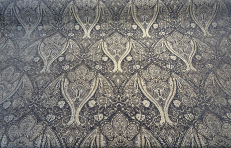 Iradessa Slate Chenille Fabric - Charcoal Background With Golden Ivory Damask, 58" Width (1 Yard)