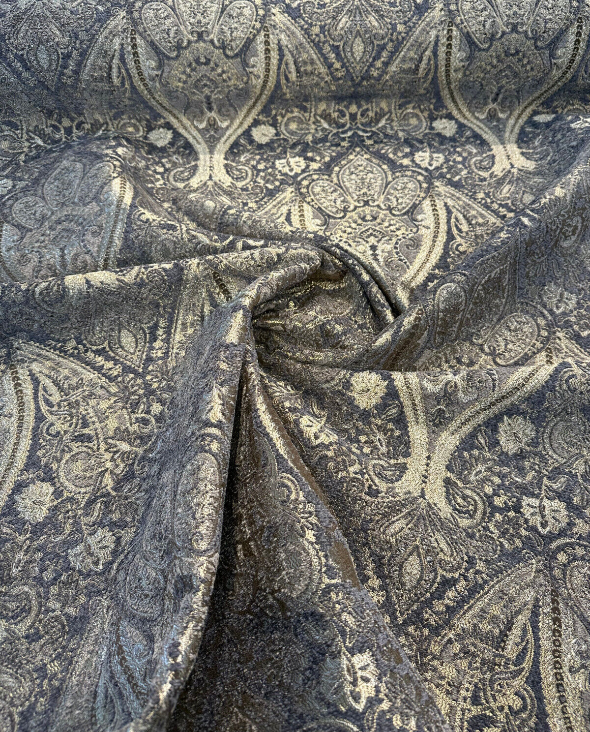Iradessa Slate Chenille Fabric - Charcoal Background With Golden Ivory Damask, 58" Width (1 Yard)