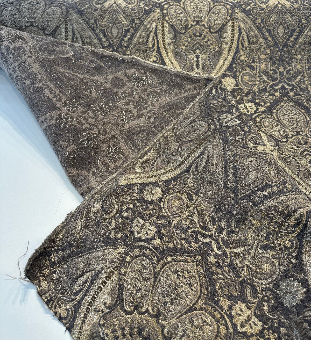 Iradessa Slate Chenille Fabric - Charcoal Background With Golden Ivory Damask, 58" Width (1 Yard)