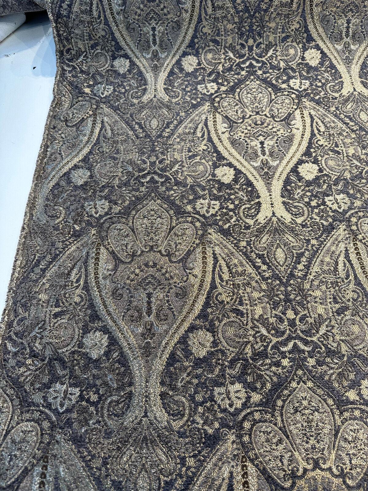 Iradessa Slate Chenille Fabric - Charcoal Background With Golden Ivory Damask, 58" Width (1 Yard)