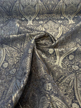 Iradessa Slate Chenille Fabric - Charcoal Background With Golden Ivory Damask, 58" Width (1 Yard)
