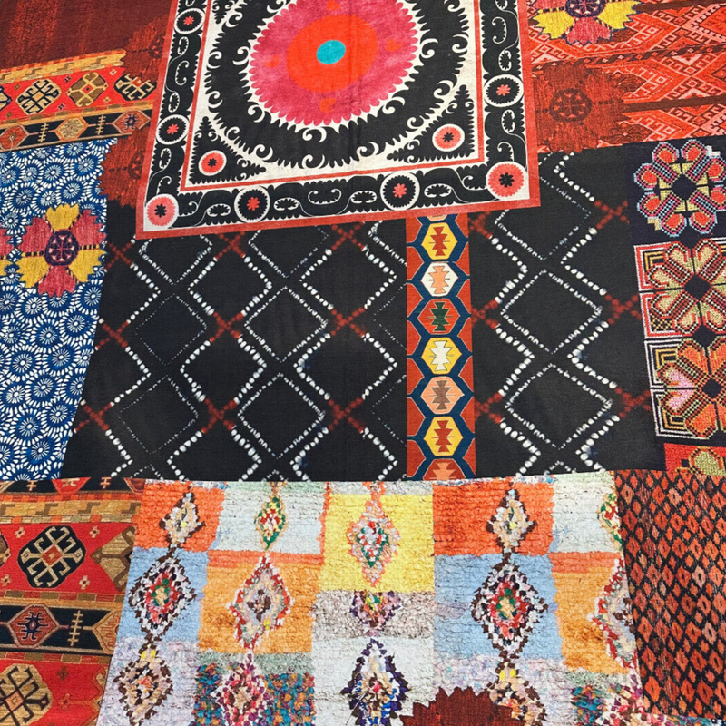 Suzani Bohemian Patchwork Velvet Fabric - Baltic, Antique Gold, Rouge, Onyx Black, Peach, Spring Green, Soft White, 56" Width (By The Yard)