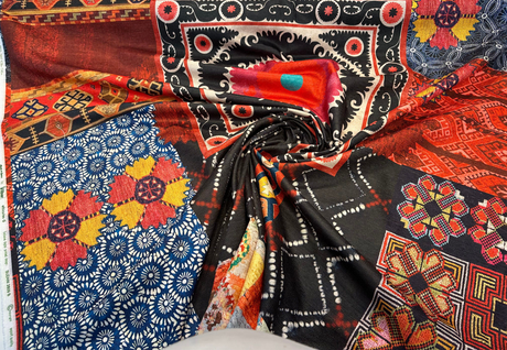Suzani Bohemian Patchwork Velvet Fabric - Baltic, Antique Gold, Rouge, Onyx Black, Peach, Spring Green, Soft White, 56" Width (By The Yard)