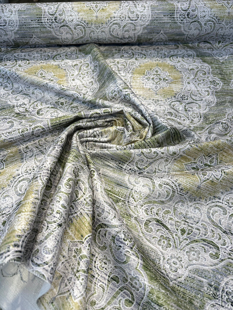 Regis Green Damask Emblem Velvet Fabric - Green Damask Medallion, 56" Width (By The Yard)