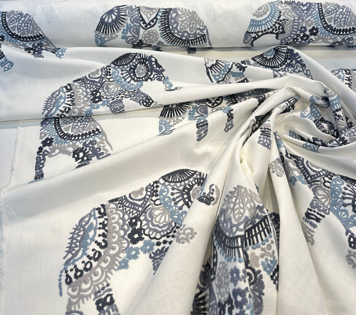 Elephant Stitch Make Your Mark Embroidered Cotton Fabric - White With Blue And Gray Elephant Motif, 19" Vertical Repeat, 13.5" Horizontal Repeat (1 Yard)