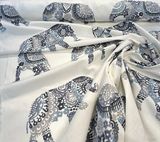 Elephant Stitch Make Your Mark Embroidered Cotton Fabric - White With Blue And Gray Elephant Motif, 19" Vertical Repeat, 13.5" Horizontal Repeat (1 Yard)