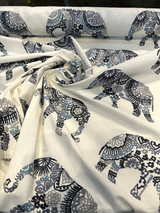 Elephant Stitch Make Your Mark Embroidered Cotton Fabric - White With Blue And Gray Elephant Motif, 19" Vertical Repeat, 13.5" Horizontal Repeat (1 Yard)