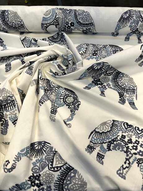 Elephant Stitch Make Your Mark Embroidered Cotton Fabric - White With Blue And Gray Elephant Motif, 19" Vertical Repeat, 13.5" Horizontal Repeat (1 Yard)