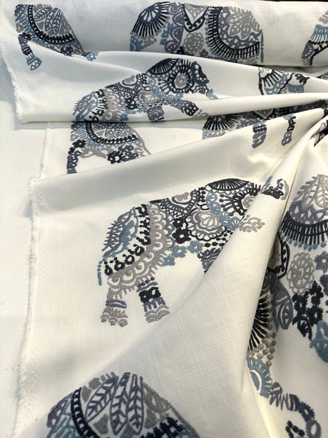 Elephant Stitch Make Your Mark Embroidered Cotton Fabric - White With Blue And Gray Elephant Motif, 19" Vertical Repeat, 13.5" Horizontal Repeat (1 Yard)
