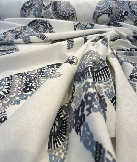 Elephant Stitch Make Your Mark Embroidered Cotton Fabric - White With Blue And Gray Elephant Motif, 19" Vertical Repeat, 13.5" Horizontal Repeat (1 Yard)