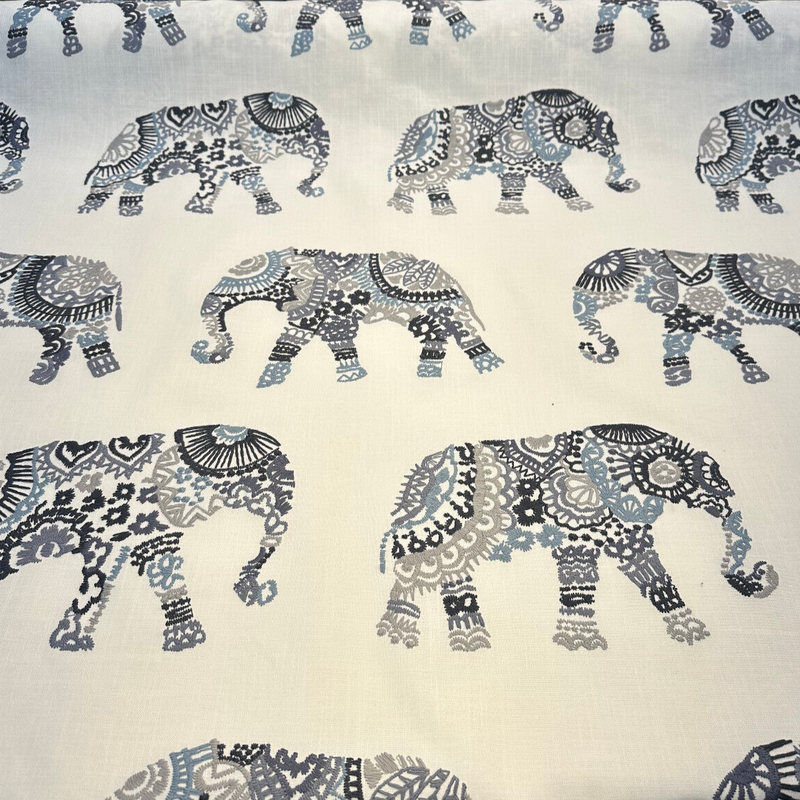 Elephant Stitch Make Your Mark Embroidered Cotton Fabric - White With Blue And Gray Elephant Motif, 19" Vertical Repeat, 13.5" Horizontal Repeat (1 Yard)