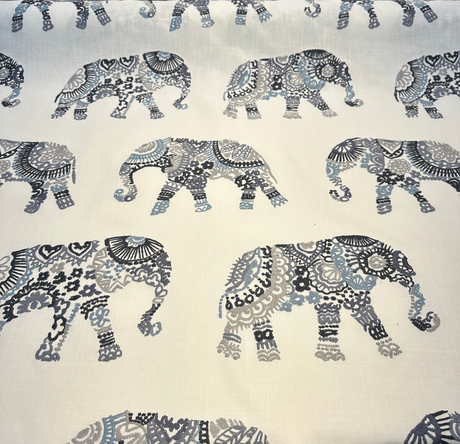 Elephant Stitch Make Your Mark Embroidered Cotton Fabric - White With Blue And Gray Elephant Motif, 19" Vertical Repeat, 13.5" Horizontal Repeat (1 Yard)