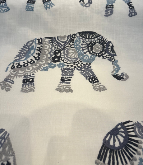 Elephant Stitch Make Your Mark Embroidered Cotton Fabric - White With Blue And Gray Elephant Motif, 19" Vertical Repeat, 13.5" Horizontal Repeat (1 Yard)