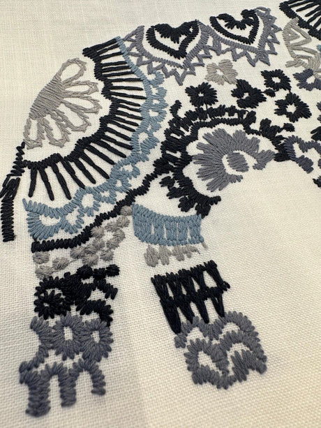 Elephant Stitch Make Your Mark Embroidered Cotton Fabric - White With Blue And Gray Elephant Motif, 19" Vertical Repeat, 13.5" Horizontal Repeat (1 Yard)