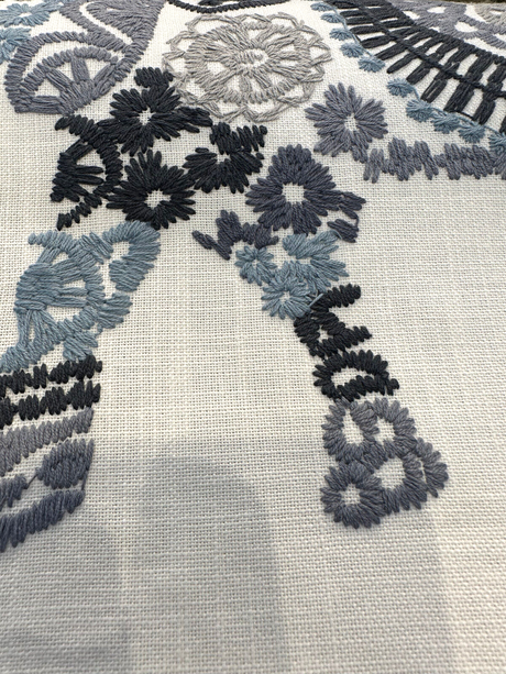 Elephant Stitch Make Your Mark Embroidered Cotton Fabric - White With Blue And Gray Elephant Motif, 19" Vertical Repeat, 13.5" Horizontal Repeat (1 Yard)