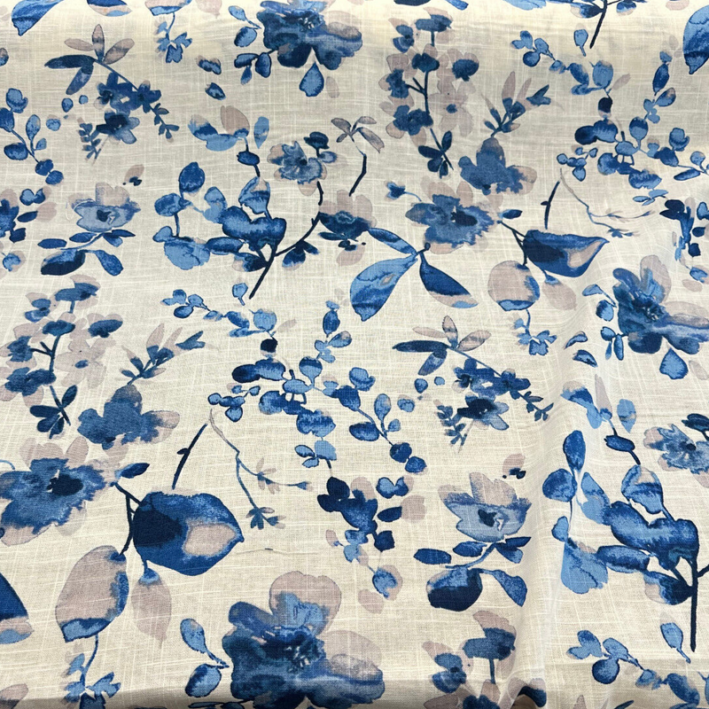 Trend Vern Blue Floral D3367 Linen Cotton Fabric - Aqua/Citrine Floral, 54" Width (By The Yard)
