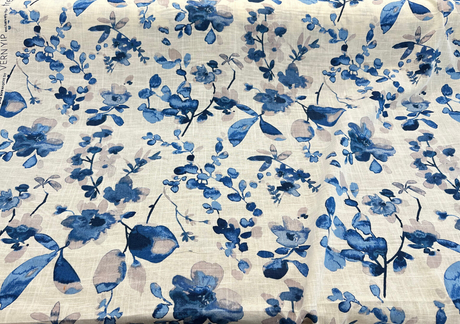 Trend Vern Blue Floral D3367 Linen Cotton Fabric - Aqua/Citrine Floral, 54" Width (By The Yard)