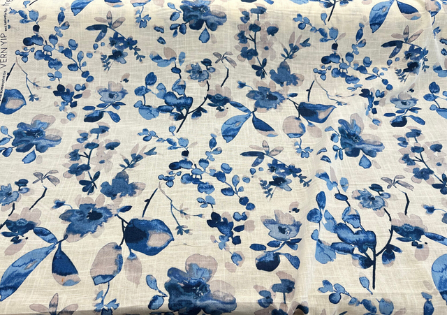 Trend Vern Blue Floral D3367 Linen Cotton Fabric - Aqua/Citrine Floral, 54" Width (By The Yard)