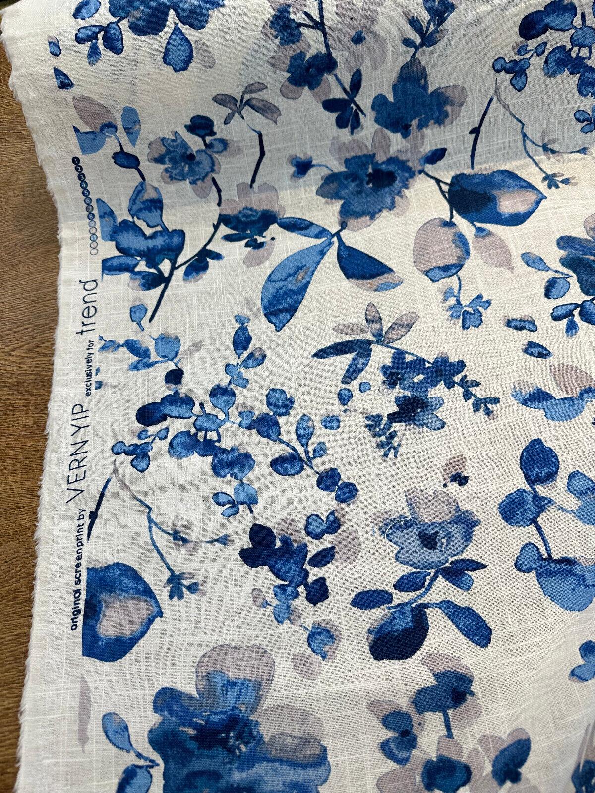 Trend Vern Blue Floral D3367 Linen Cotton Fabric - Aqua/Citrine Floral, 54" Width (By The Yard)