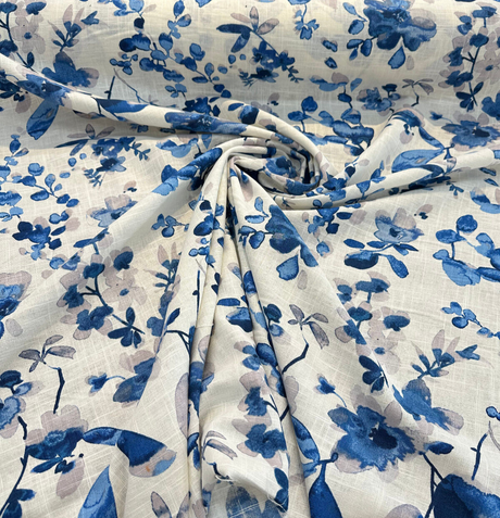 Trend Vern Blue Floral D3367 Linen Cotton Fabric - Aqua/Citrine Floral, 54" Width (By The Yard)