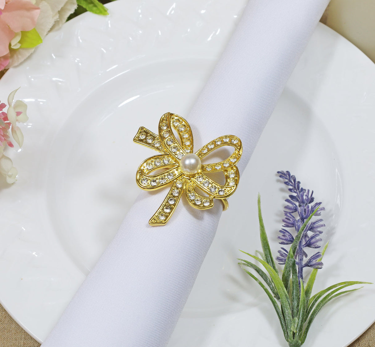 Napkin Ring Gold Rhinestone Collapsible Ribbon Bow