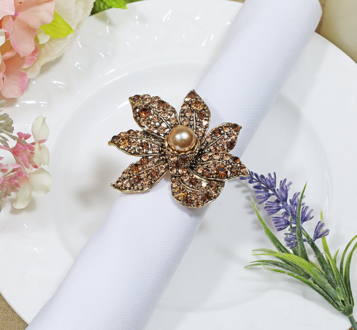 Rhinestone Napkin Ring Brown Leaves with Pearl