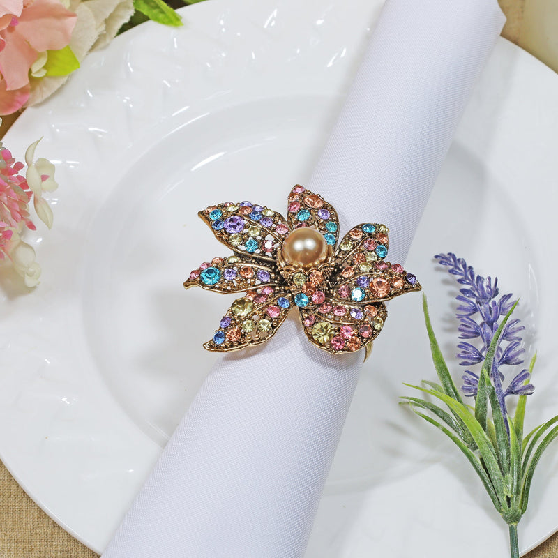 Rhinestone Napkin Ring Multicolor Leaves with Pearl
