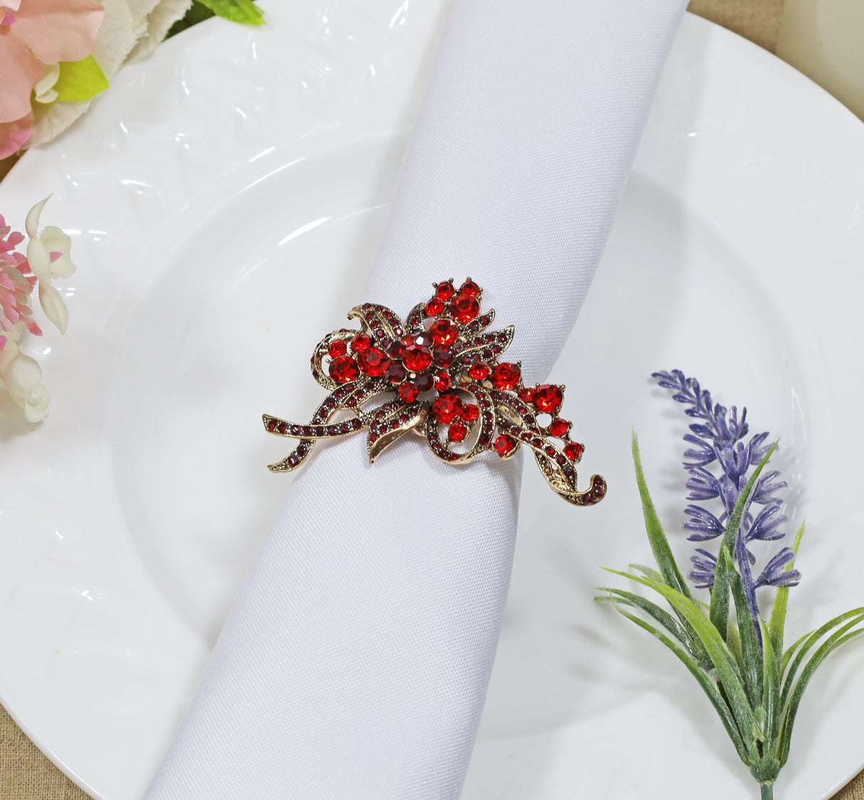 Rhinestone Napkin Ring Red Bouquet Ribbon Bow