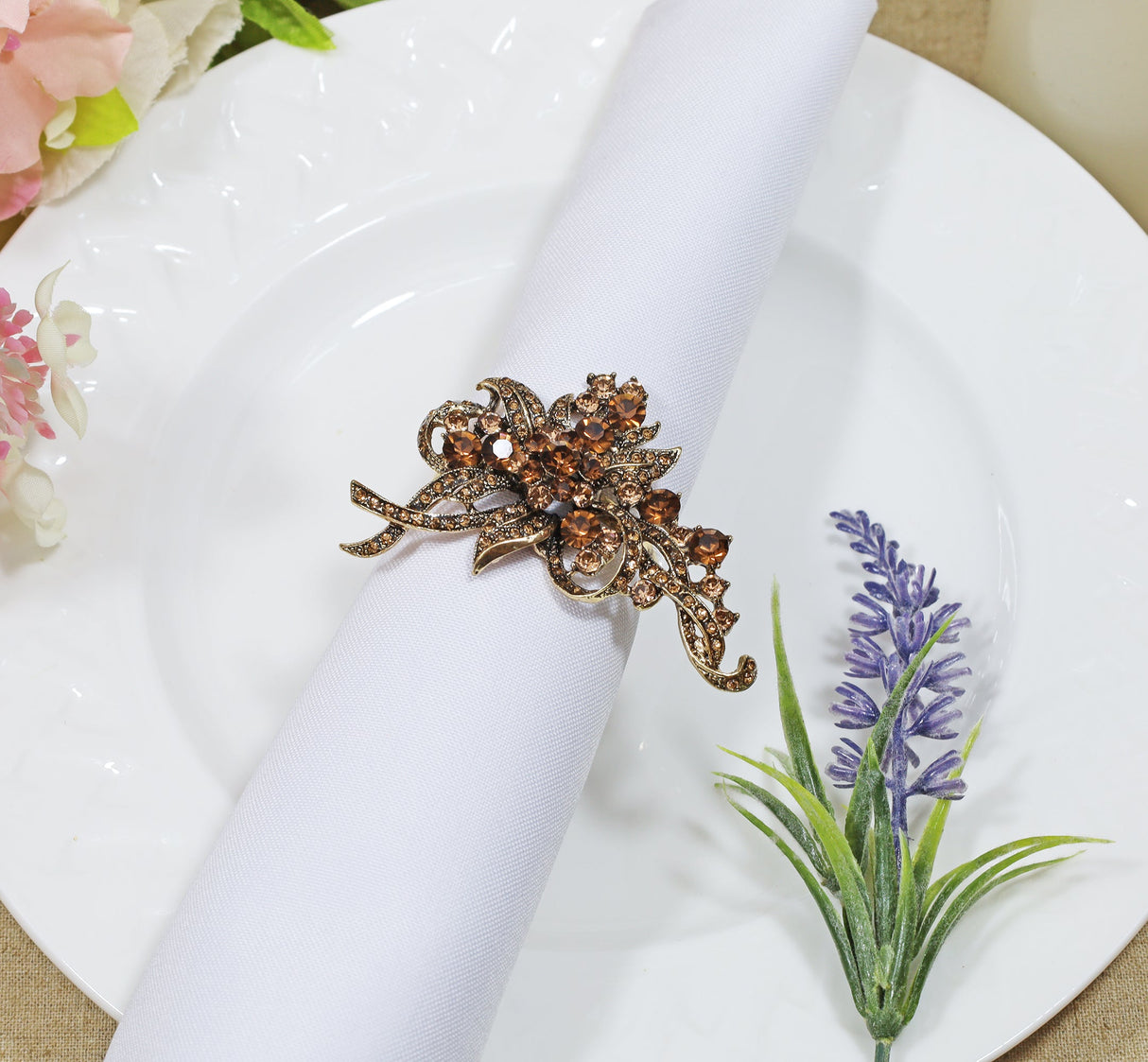Rhinestone Napkin Ring Brown Bouquet Ribbon Bow 12pc/pk