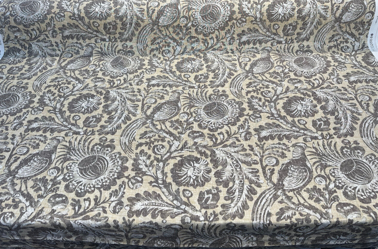 Waverly Tucker Resist Desert Bird Linen Rayon Blend Fabric - Beige Brown Gray Blend Offwhite Bird Pattern, 54" Width (1 Yard)