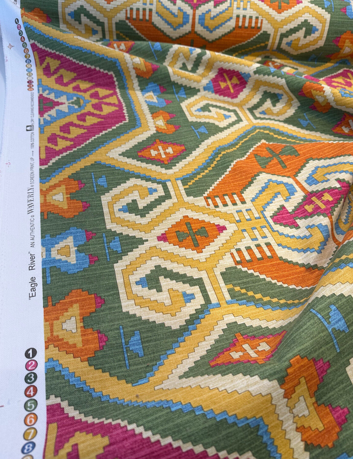 Waverly Tribal Eagle River Cotton Fabric - Green, Orange, Purple, Teal, Yellow, Beige Tribal Eagle Print, 54" Width (1 Yard)