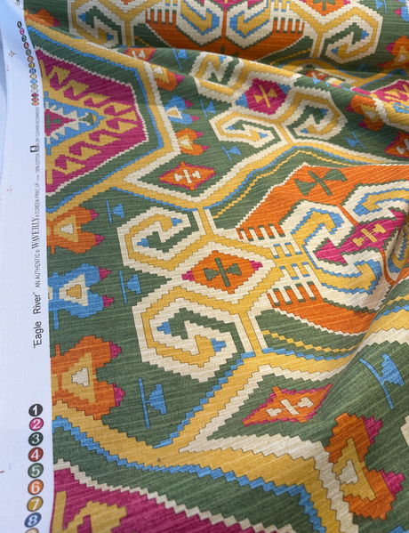 Waverly Tribal Eagle River Cotton Fabric - Green, Orange, Purple, Teal, Yellow, Beige Tribal Eagle Print, 54" Width (1 Yard)