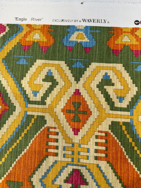 Waverly Tribal Eagle River Cotton Fabric - Green, Orange, Purple, Teal, Yellow, Beige Tribal Eagle Print, 54" Width (1 Yard)