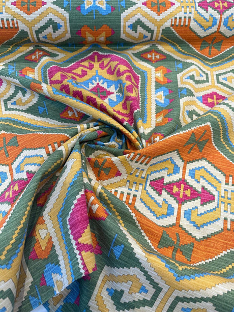 Waverly Tribal Eagle River Cotton Fabric - Green, Orange, Purple, Teal, Yellow, Beige Tribal Eagle Print, 54" Width (1 Yard)